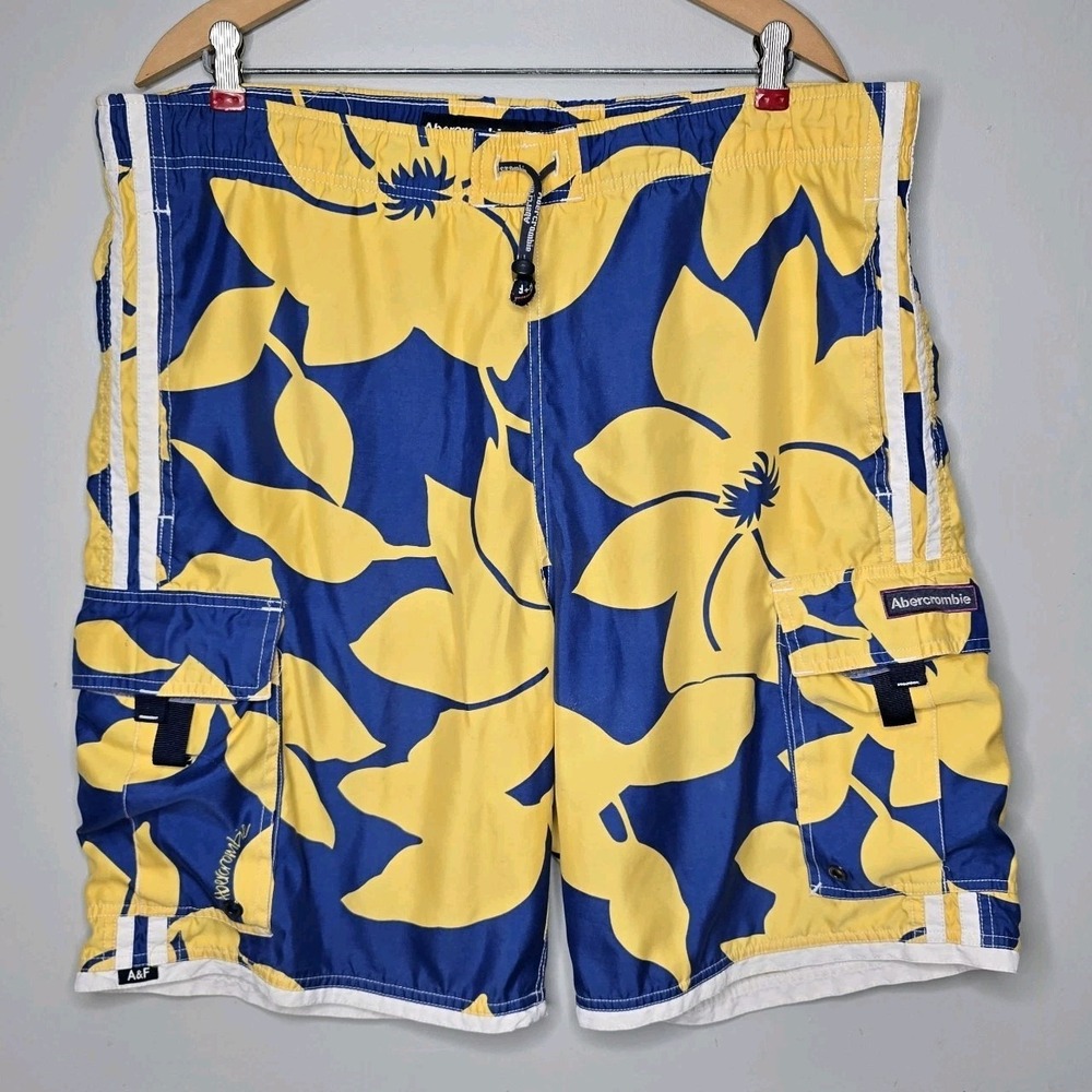 Vintage Y2K Abercrombie Fitch Board Shorts Large Hawaiian Blue Yellow Flowers